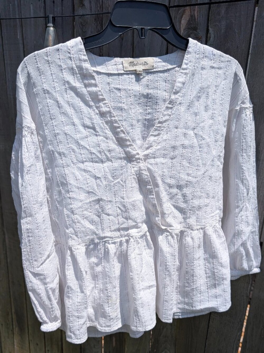 Madewell V Neck Bubble Sleeve Metallic Striped Peplum Blouse Size Small